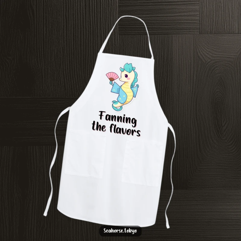 Funny Apron displaying a seahorse in a blue kimono playfully waving a fan, perfect for adding cheer to cooking.