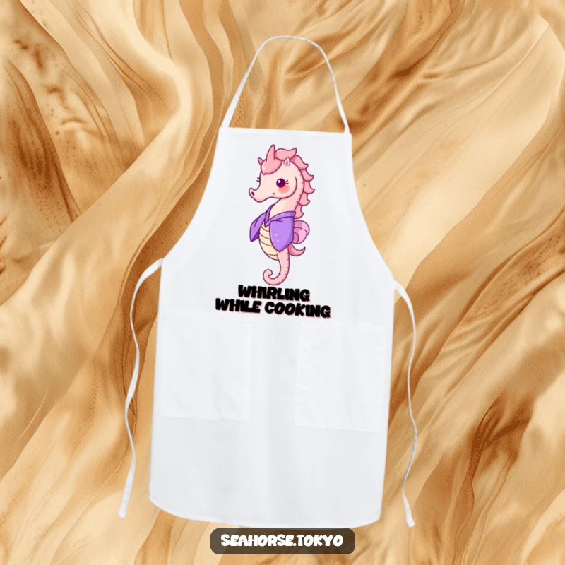 Funny Apron with a cheerful seahorse in a purple kimono, doing a little happy spin, for kitchen use.