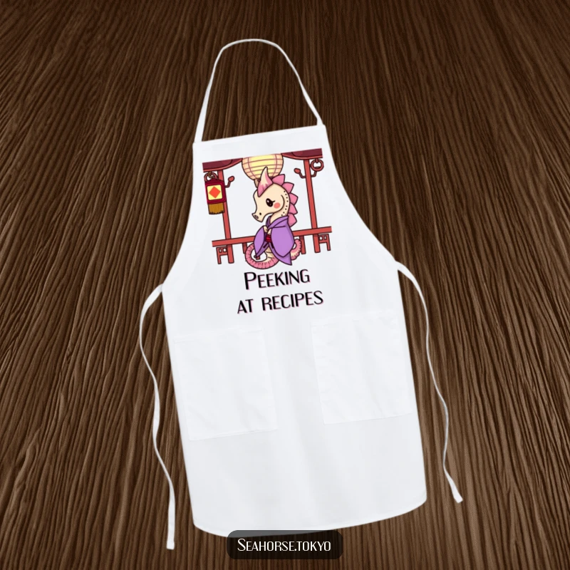 Funny Apron displaying a seahorse in a purple kimono curiously peeking from behind a paper lantern, adding playful charm.