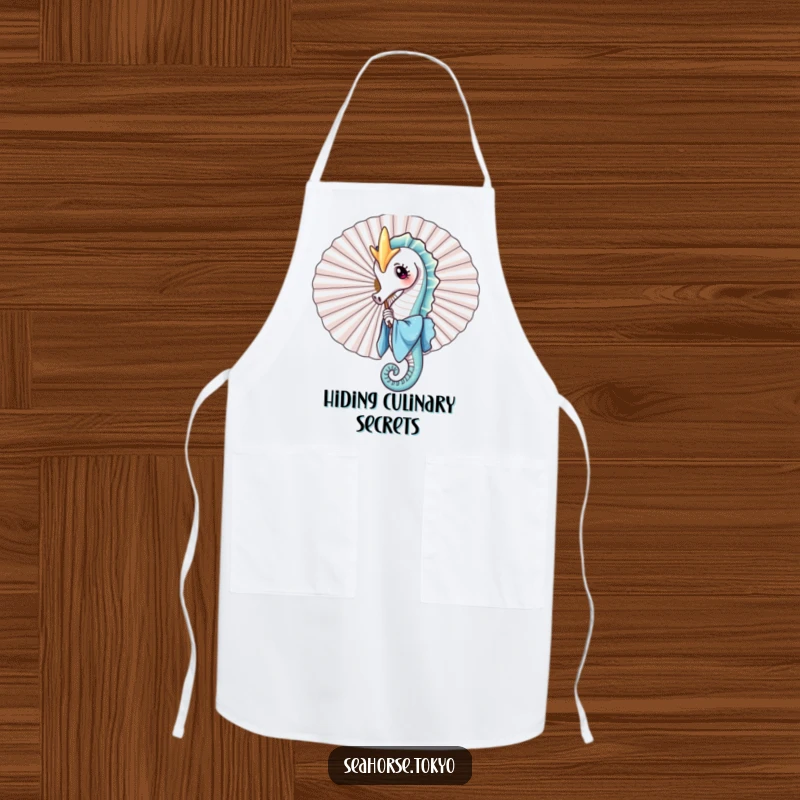 A funny apron featuring a seahorse in a blue kimono playfully peeking from behind a large fan, perfect for cooks who appreciate humor and marine themes.