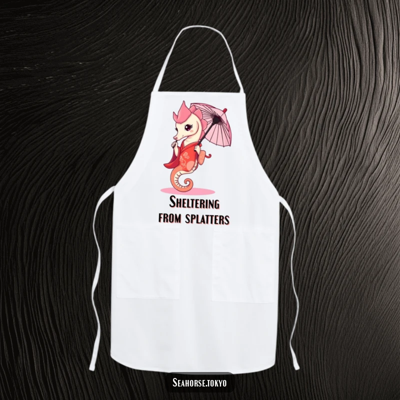 Funny Apron with a graceful seahorse in a red kimono, elegantly holding a tiny umbrella, for kitchen use.