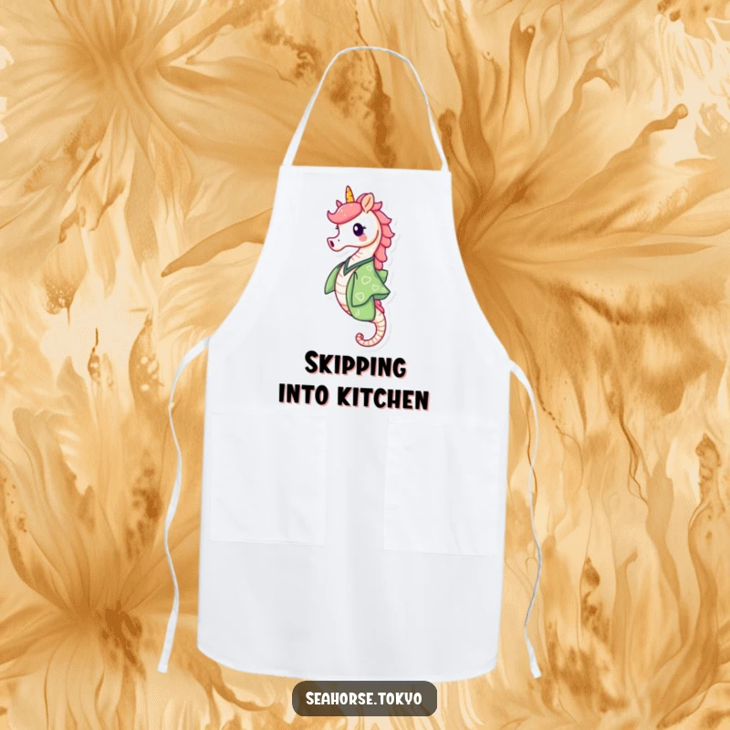 Funny Apron displaying a happy seahorse in a green kimono skipping with delight, perfect for adding cheer to cooking.
