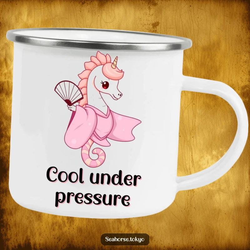 A durable camping mug featuring a cute seahorse in a pink kimono gracefully balancing a fan, ideal for charming outdoor drinking experiences.