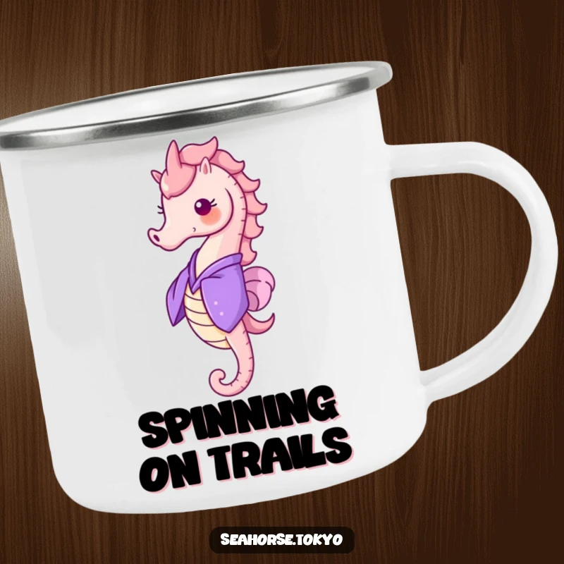 Funny Camping Mug with a cheerful seahorse in a purple kimono, doing a little happy spin, for outdoor use.