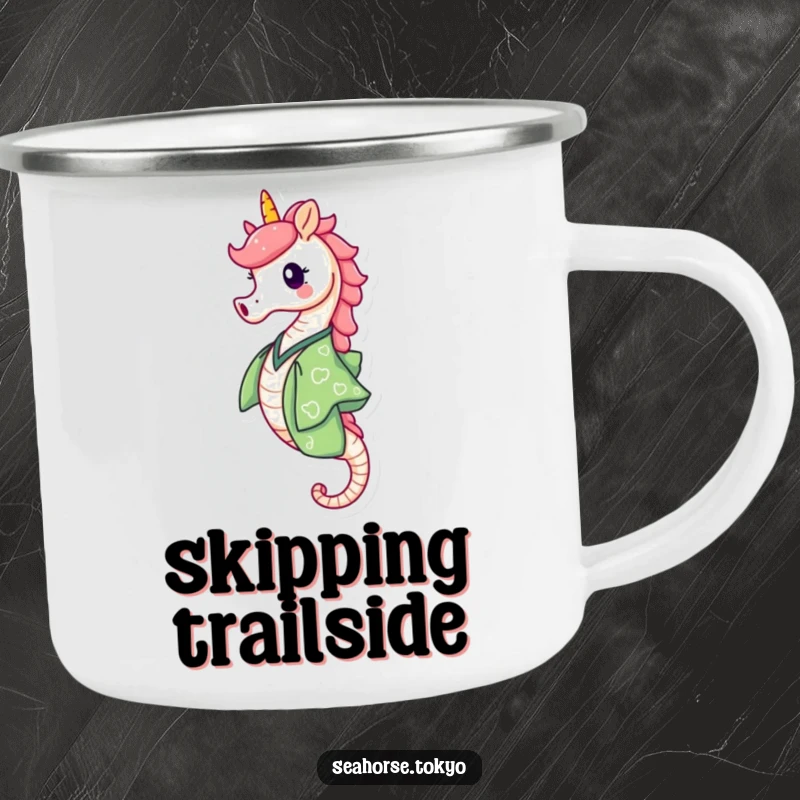 Funny Camping Mug featuring a happy seahorse in a green kimono skipping with delight, perfect for outdoor enjoyment.