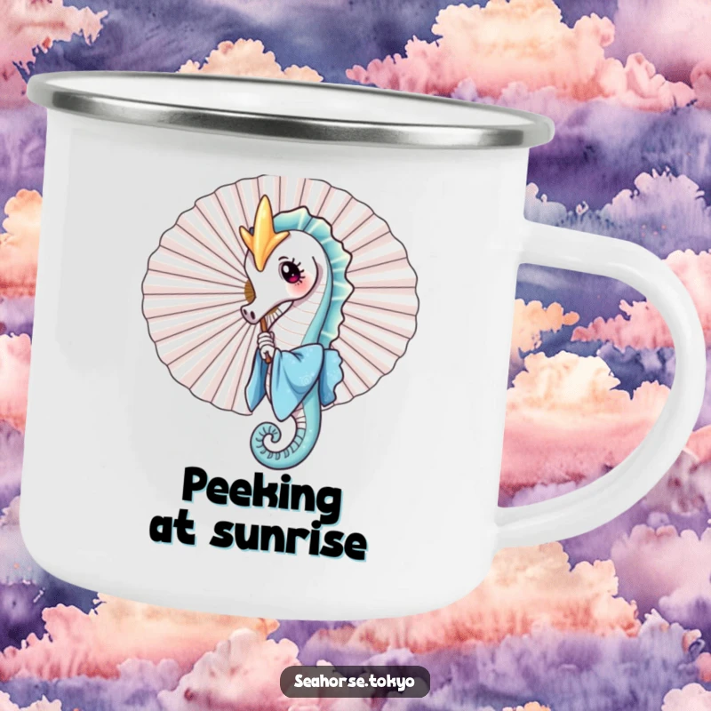 A durable camping mug featuring a charming seahorse in a blue kimono playfully peeking from behind a large fan, ideal for fun outdoor drinking.