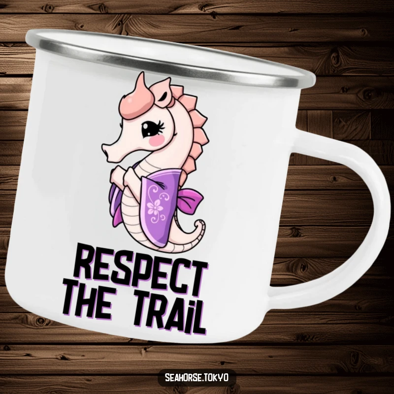 Funny seahorse in an ornate purple kimono bowing gracefully, perfect for outdoor beverages with elegant humor.