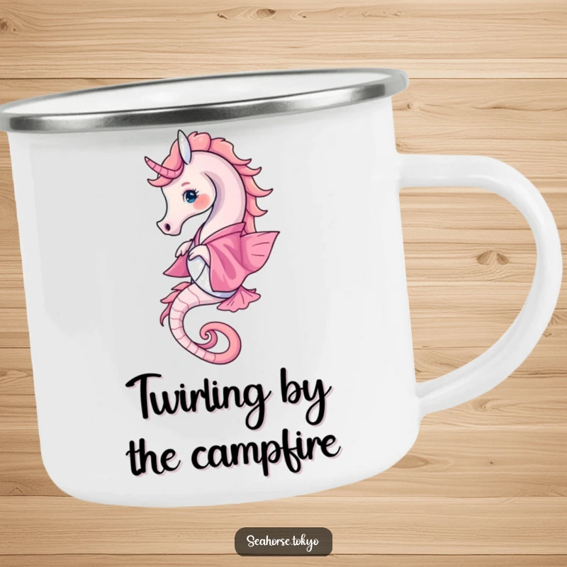 Funny Camping Mug featuring a seahorse in a pink kimono twirling, ideal for enjoying drinks during outdoor adventures.