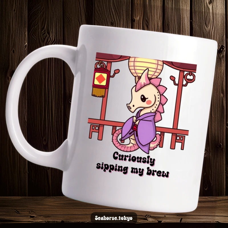 Funny Mug showing a seahorse in a purple kimono curiously peeking from behind a paper lantern, an element of surprise.