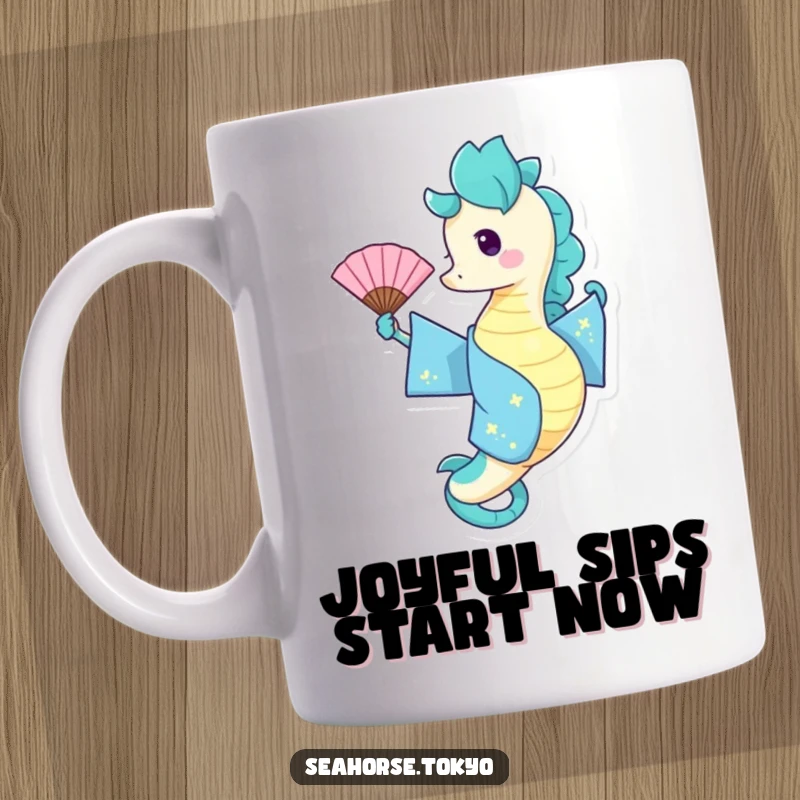 Funny Mug with a seahorse in a blue kimono playfully waving a fan, embodying aquatic joy and movement.