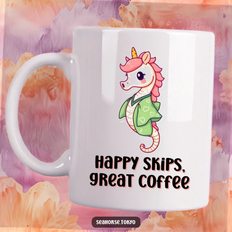 Funny Mug with a happy seahorse in a green kimono skipping with delight, embodying pure aquatic joy and movement.