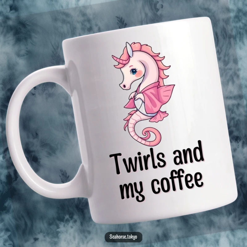Funny Mug showcasing a graceful seahorse elegantly twirling in a vibrant pink kimono, a delightful aquatic dancer.