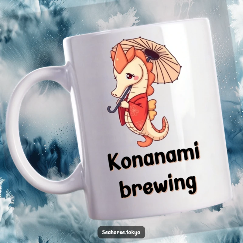 Funny seahorse in a red kimono, determinedly holding a tiny parasol, perfect for a unique mug gift.