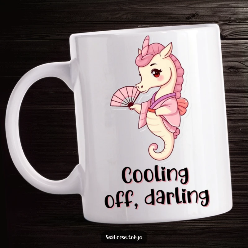 Funny Mug featuring a tiny seahorse dressed in a pink kimono, playfully waving a small fan with a cheerful expression.