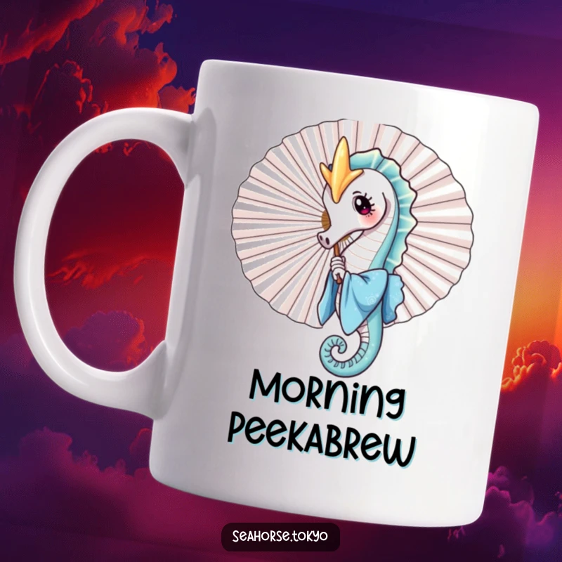 A charming seahorse in a blue kimono playfully peeking from behind a large fan on a mug, exuding a mischievous and cute personality.