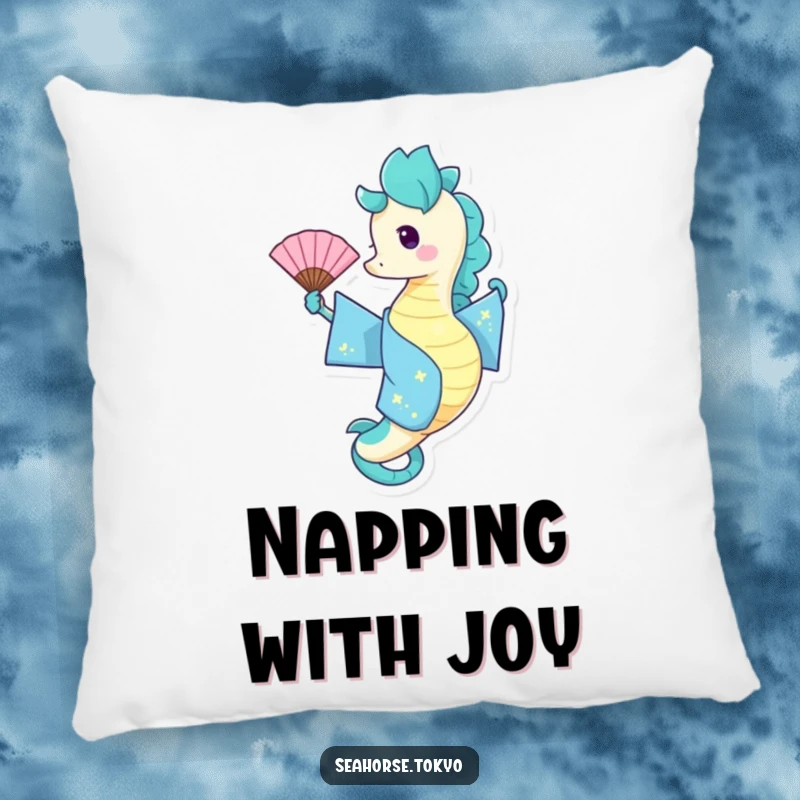 Funny Pillow featuring a seahorse in a blue kimono playfully waving a fan, offering cozy comfort and a cheerful accent.