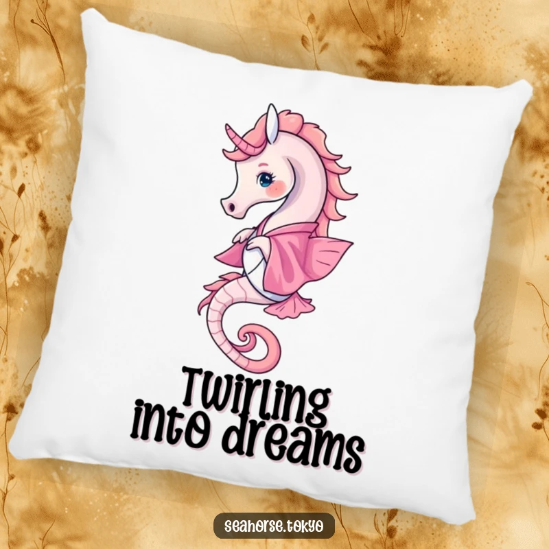 Funny Pillow featuring a seahorse in an elegant pink kimono twirling, providing soft comfort and seaside charm.