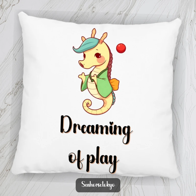 Funny seahorse in a green kimono joyfully tossing a small red ball, bringing comfort and a funny vibe to any room.
