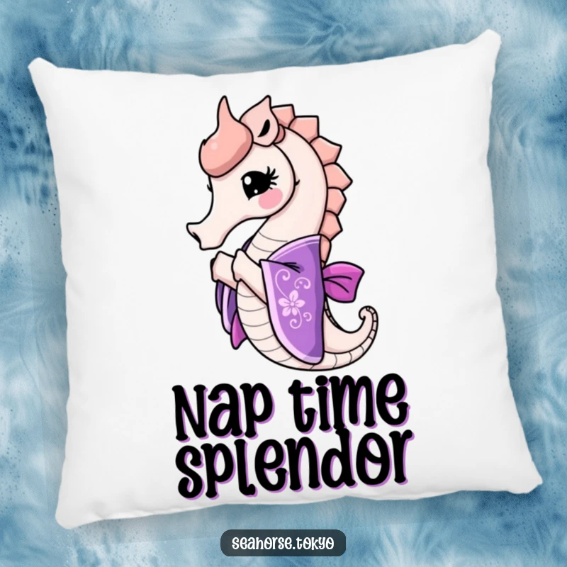 Funny seahorse in an ornate purple kimono bowing gracefully, bringing elegant comfort and a humorous touch to your decor.