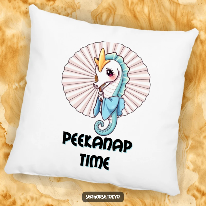 A soft pillow featuring a charming seahorse in a blue kimono playfully peeking from behind a fan, designed for comfort and adding a whimsical touch.