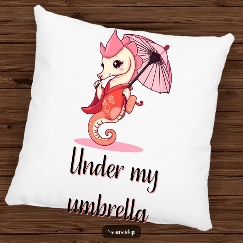 Funny Pillow featuring a graceful seahorse in a red kimono, elegantly holding a tiny umbrella, for comfort.