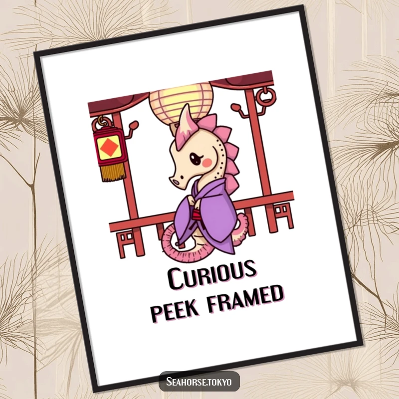 Funny Digital Art Print of a seahorse in a purple kimono curiously peeking from behind a paper lantern, creating mystery.
