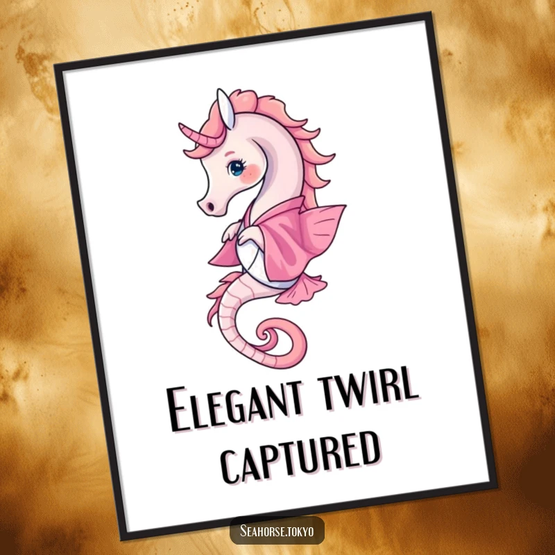 Funny Digital Art Print of a seahorse gracefully twirling in a vibrant pink kimono, perfect for instant wall decor.
