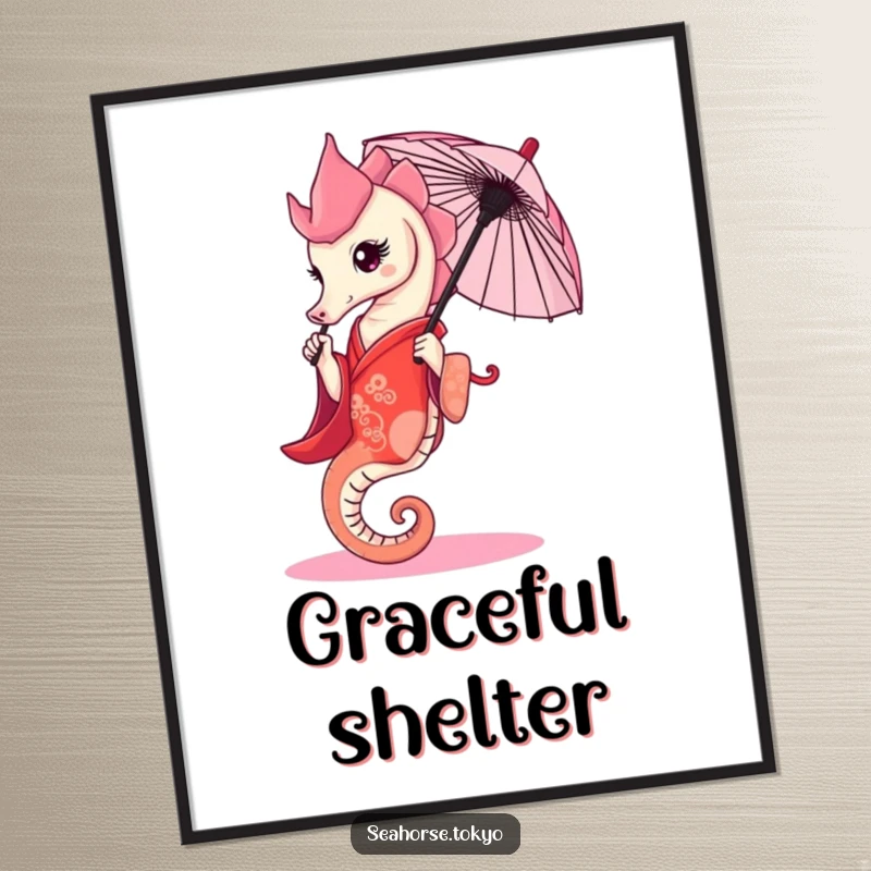Funny Digital Art Print of a graceful seahorse in a red kimono, elegantly holding a tiny umbrella, for decor.