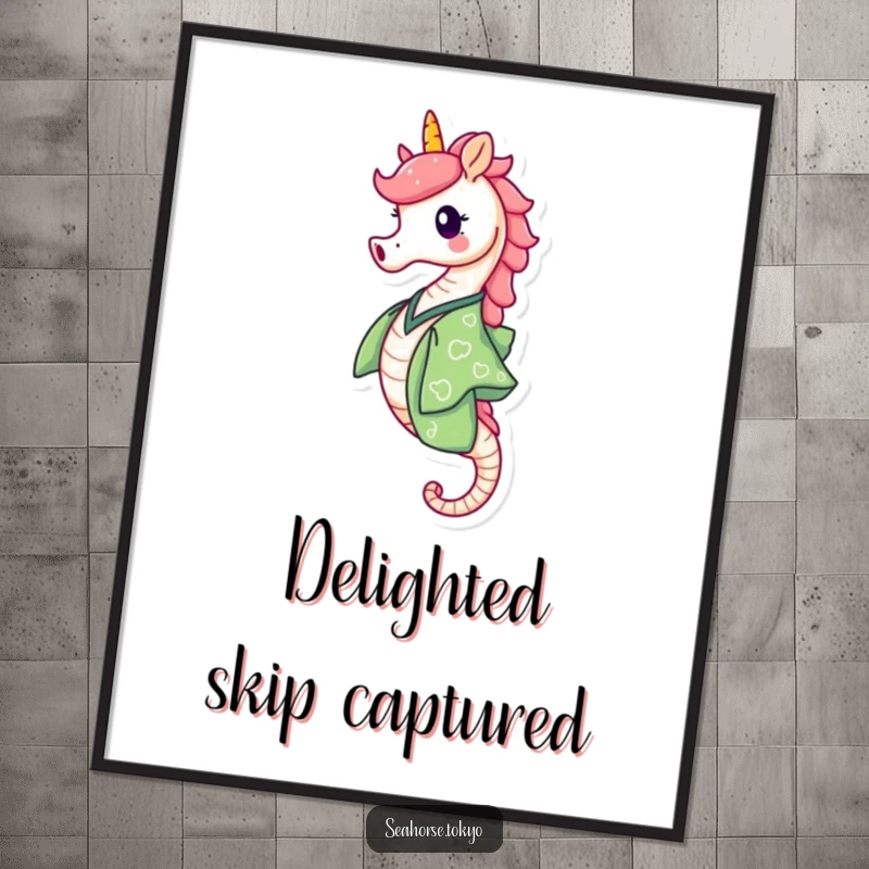 Funny Digital Art Print of a happy seahorse in a green kimono skipping with delight, symbolizing energetic joy.