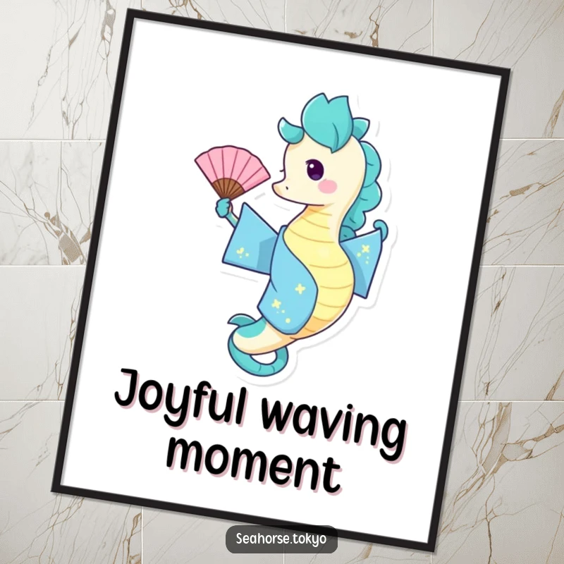 Funny Digital Art Print of a seahorse in a blue kimono playfully waving a fan, symbolizing joy and fun.