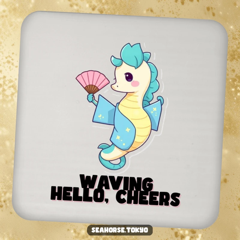 Funny Drink Coasters showcasing a seahorse in a blue kimono playfully waving a fan, adding a touch of cheer.