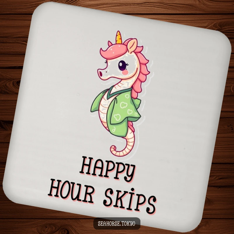 Funny Drink Coasters showcasing a happy seahorse in a green kimono skipping with delight, adding a touch of cheer.