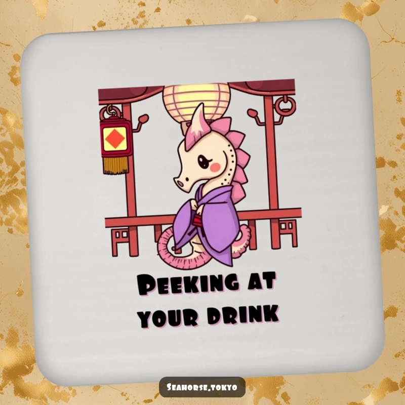 Funny Drink Coasters showcasing a seahorse in a purple kimono curiously peeking from behind a paper lantern, adding charm.