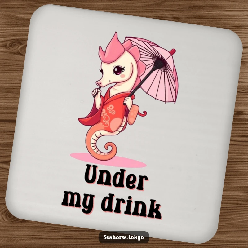 Funny Coaster with a graceful seahorse in a red kimono, elegantly holding a tiny umbrella, for drink protection.