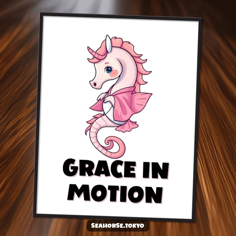 Funny Poster depicting a seahorse gracefully twirling while wearing a vibrant pink kimono, a beautiful aquatic artwork.