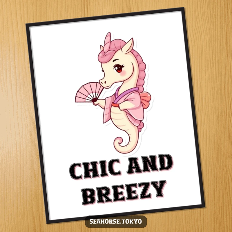 Funny Poster of a tiny seahorse in a pink kimono, playfully waving a small fan, bringing undersea charm.
