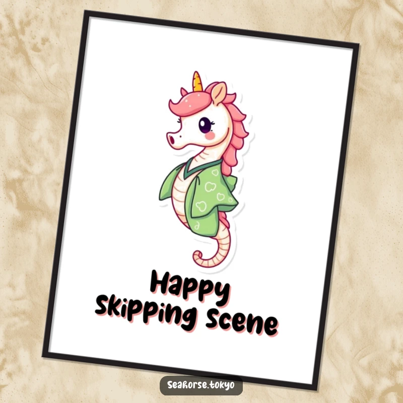 Funny Poster of a happy seahorse in a green kimono skipping with delight, capturing a moment of pure aquatic bliss.