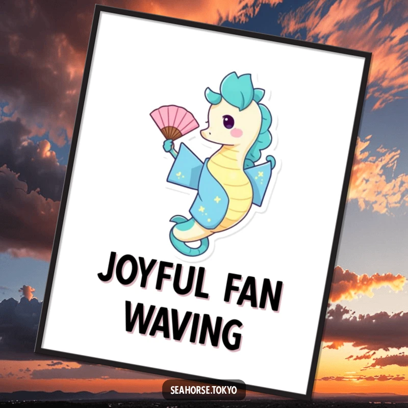 Funny Poster of a seahorse in a blue kimono playfully waving a fan, capturing a moment of pure aquatic delight.