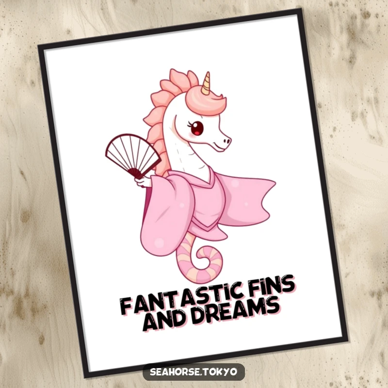 Free printable wall art of a cute seahorse wearing a pink kimono and gracefully balancing a fan, adding elegant charm to any room.