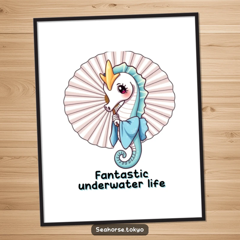 Free printable wall art of a charming seahorse in a blue kimono playfully peeking from behind a large fan, bringing fun decor.