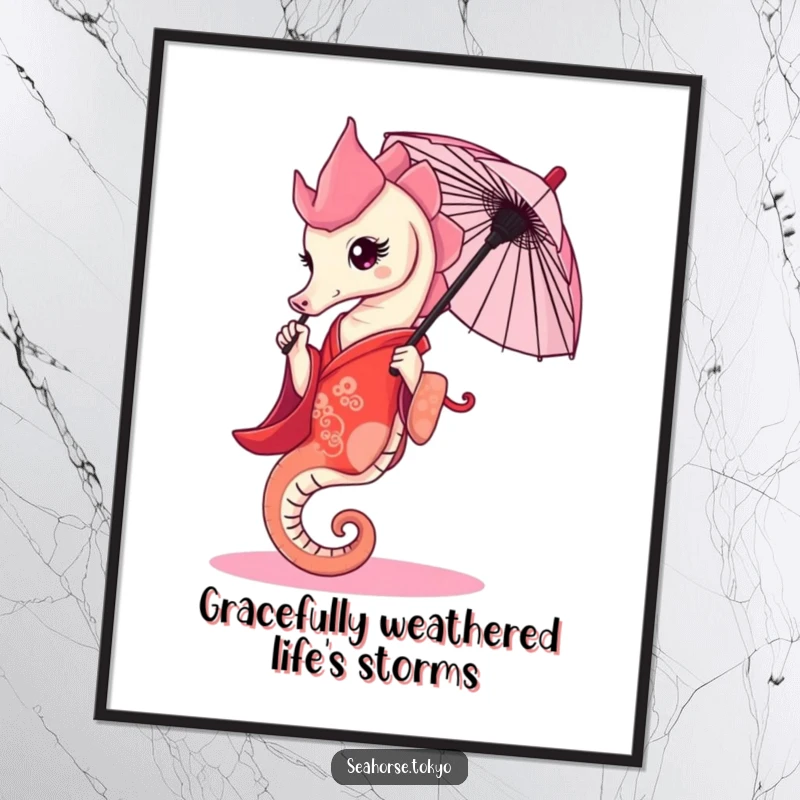 Funny Free Printable Wall Art: Graceful seahorse wearing a red kimono, holding a tiny umbrella, adding elegant decor.