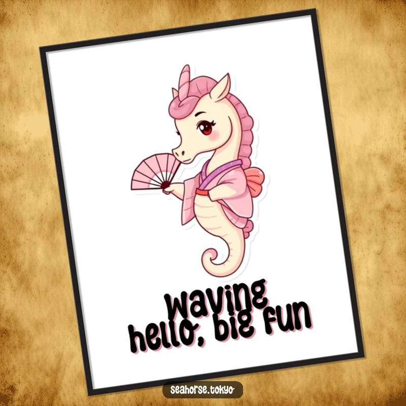 Funny Free Printable Wall Art: Tiny seahorse wearing a pink kimono, playfully waving a fan, a charming decorative piece.