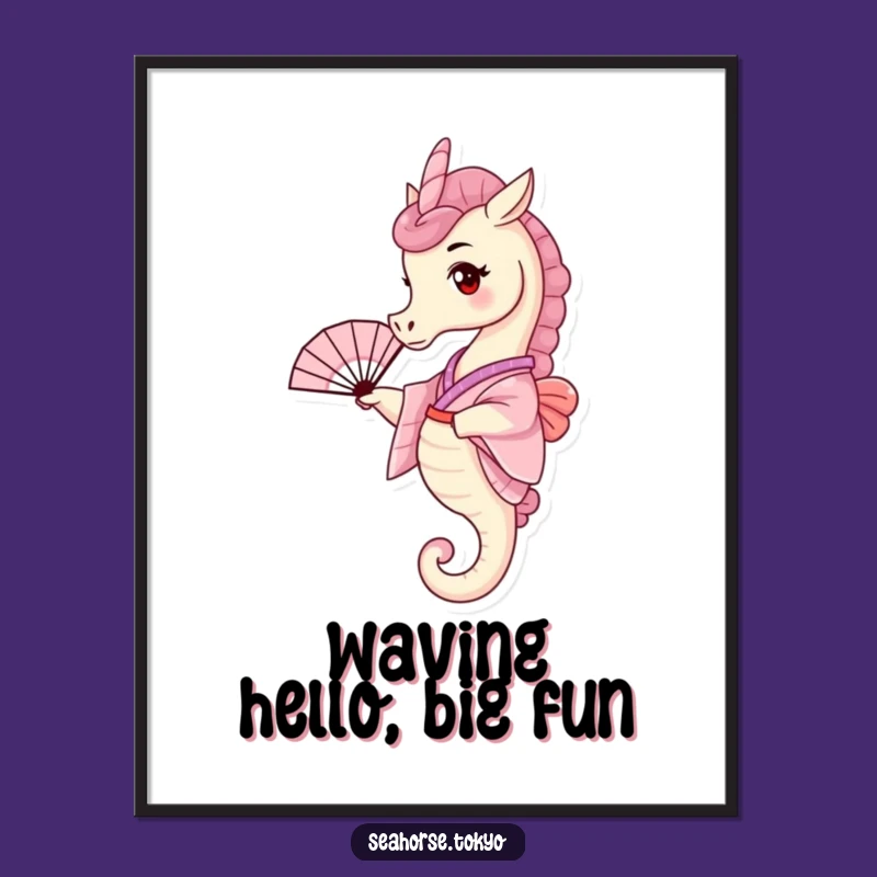 Free Printable Wall Art: Tiny Seahorse in Pink Kimono with Fan Decor