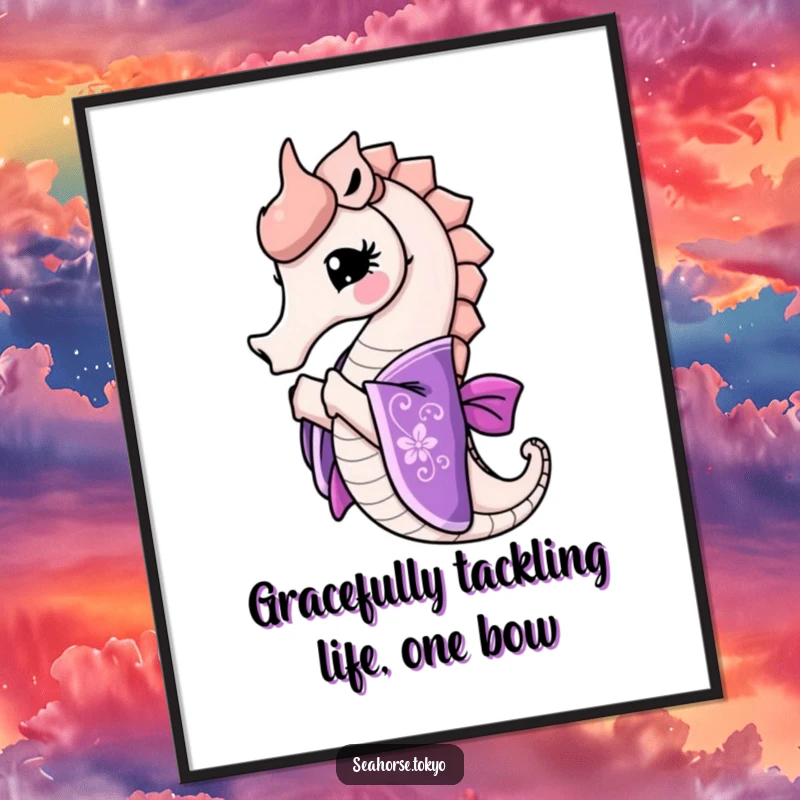 Funny Free Printable Wall Art: A delighted seahorse in an ornate purple kimono bowing gracefully, adding charm.