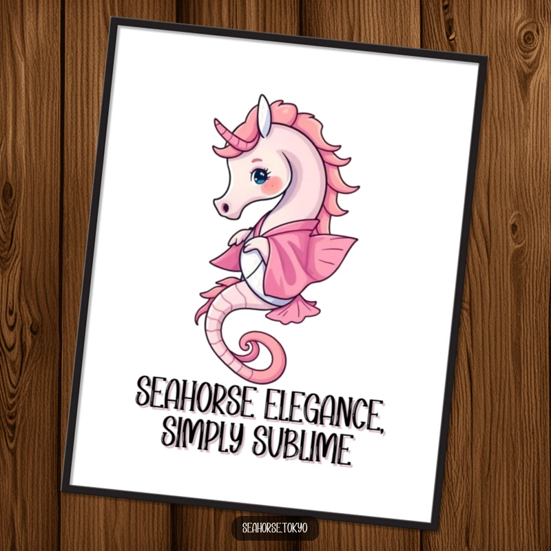 Free Printable Wall Art: a graceful seahorse adorned in a vibrant pink kimono, captured mid-twirl in the deep blue sea.