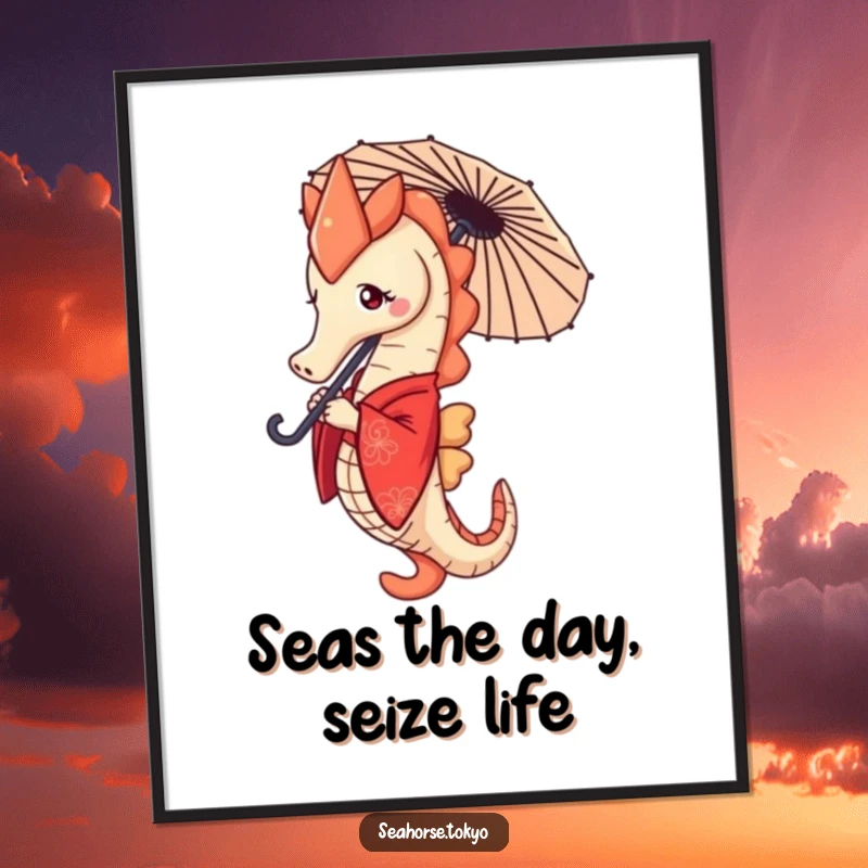 Funny Free Printable Wall Art of a seahorse in a red kimono holding a miniature parasol, exuding unique charm and elegance.