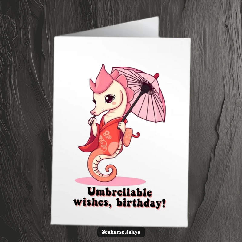 Funny Free Printable Birthday Card: Graceful seahorse in a red kimono holding a tiny umbrella for an elegant birthday.