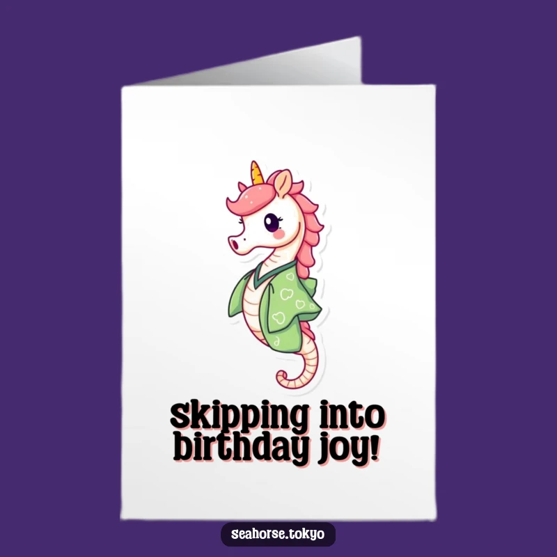 Free Printable Birthday Card: Happy Seahorse Skipping for Joyful Wishes
