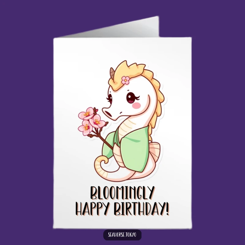 Free Printable Birthday Card: Smiling Seahorse in Green Kimono & Blossom