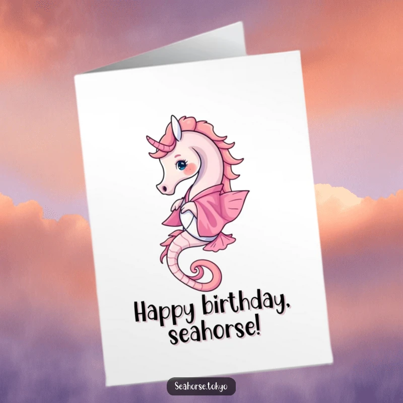Free Printable Birthday Card: a graceful seahorse in a vibrant pink kimono elegantly twirling in the ocean waves.